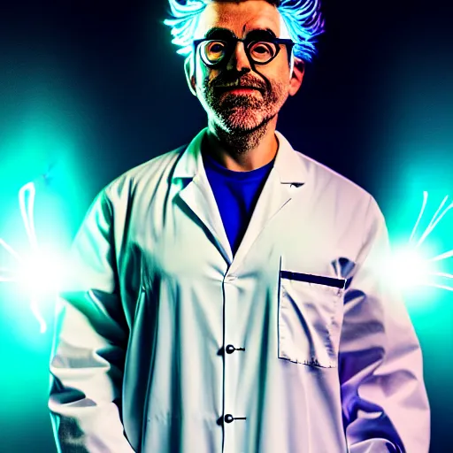 Image similar to portrait of rick sanchez, lab coat and tee shirt, lens flare, atmosphere, glow, detailed, intricate, full of colour, cinematic lighting, 4 k, hyperrealistic, focused, extreme details, cinematic, masterpiece