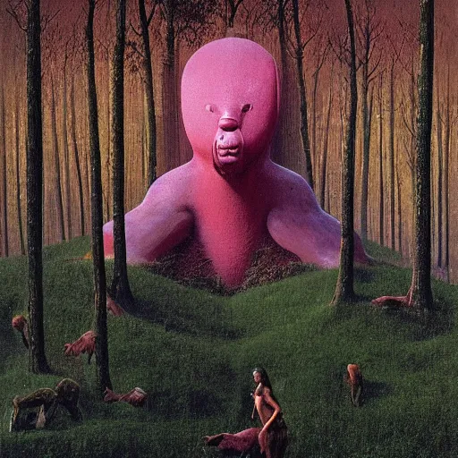 Prompt: giant pink god with a golden animal mask on a forest clearance surrounded by animals by Beksinski