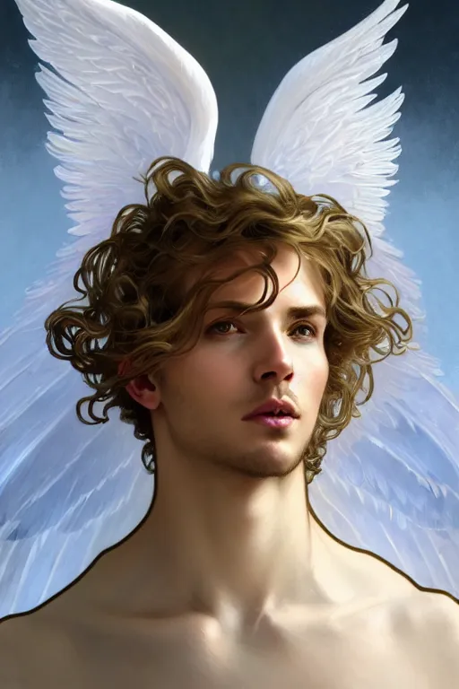 Image similar to portrait of a beautiful young fit male angel with curly blond hairs, dressed with fluent clothes, majestic wings, luminous halo, by greg rutkowski and alphonse mucha, d & d character, gradient white to gold, in front of an iridescent background, highly detailed portrait, digital painting, artstation, concept art, smooth, sharp focus ilustration, artstation hq