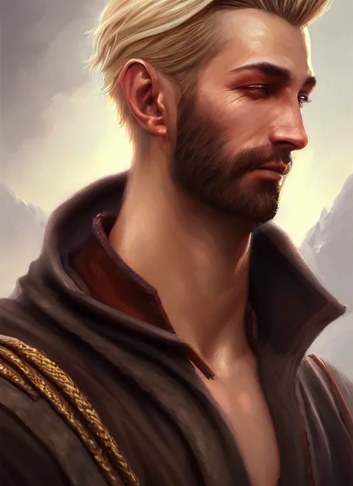 Image similar to a _ fantasy _ style _ portrait _ painting _ of wizard male, medium dark blonde pulled back side part and blonde stubble, brown eyes, rpg dnd oil _ painting _ unreal _ 5 _ daz. _ rpg _ portrait _ extremely _ detailed _ artgerm _ greg _ rutkowski _ greg