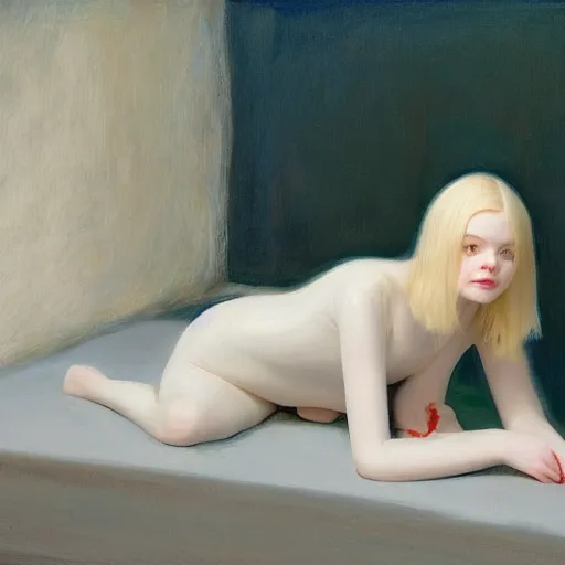 Prompt: Painting of Elle Fanning at the kiln of the first flame, long blonde hair, delicate, pale milky white porcelain skin, by Edward Hopper. 8K. Extremely detailed.