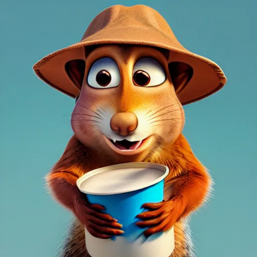 Image similar to a squirrel wearing a bucket hat. pixar.