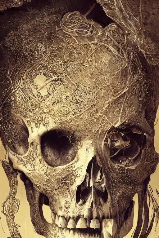 Image similar to concept art skull, the skull is decorated with art deco patterns, close - up portrait, powerfull, intricate, elegant, volumetric lighting, scenery, digital painting, highly detailed, artstation, sharp focus, illustration, concept art, ruan jia, steve mccurry