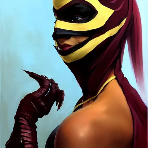 Image similar to greg manchess portrait painting of mileena from mortal kombat wearing a mask covering her mouth as overwatch character, medium shot, asymmetrical, profile picture, organic painting, sunny day, matte painting, bold shapes, hard edges, street art, trending on artstation, by huang guangjian and gil elvgren and sachin teng