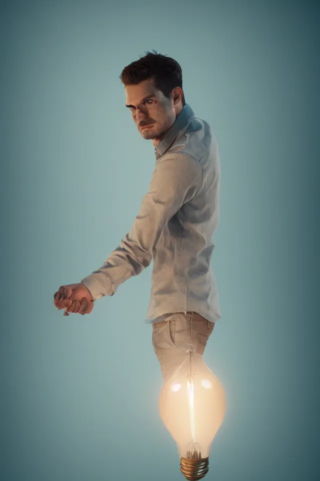 Image similar to a portrait of a man who has a light bulb instead of a head, photorealistic, detailed, in the background a cyan wall , octane render, hyper realistic