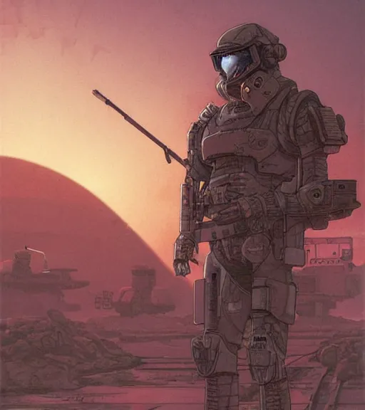 Image similar to a cyberpunk soldier with tactical gear and a rifle patrols a Japanese city on mars, Industrial Scifi, detailed illustration, character portrait, by Martin Grip and Moebius