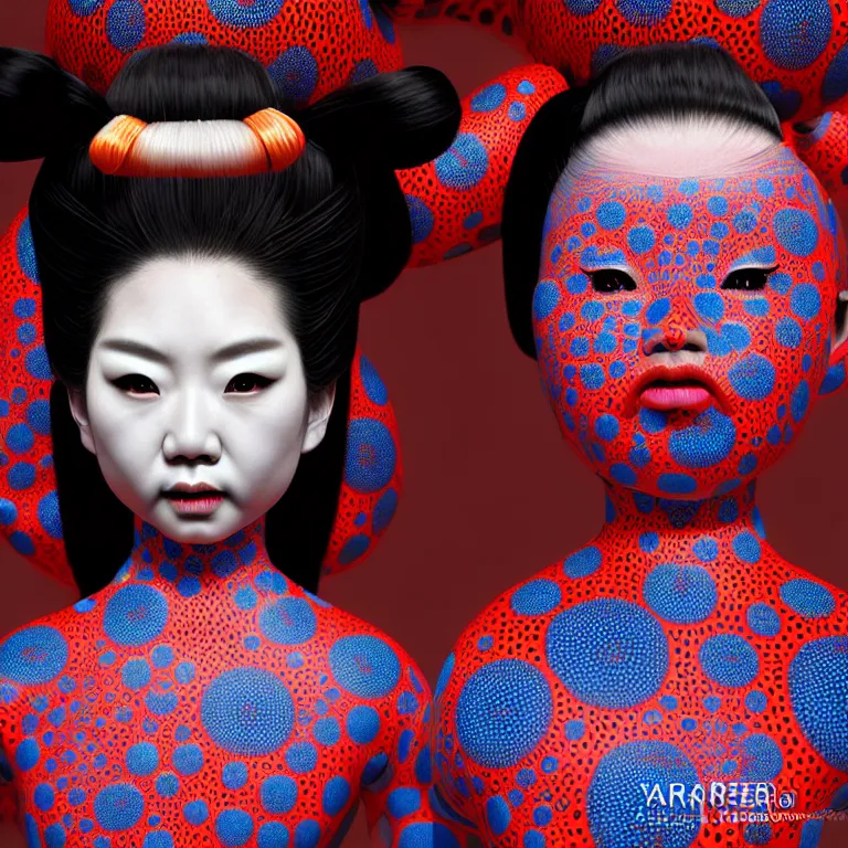 Image similar to hyperrealistic detailed image of a geisha in a art installation room, hd smooth interior by yayoi kusama, part by kei mieno, part by ross tran, dark art by james jean, ultra realistic, highly detailed, life like face, detailed body, 8 k, 3 d render by roger magrini, masterpiece