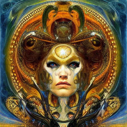 Image similar to Divine Chaos Engine by Karol Bak, Jean Deville, Gustav Klimt, and Vincent Van Gogh, beautiful visionary face portrait, sacred geometry, mystic spirals, otherworldly, fractal structures, ornate gilded medieval icon, third eye