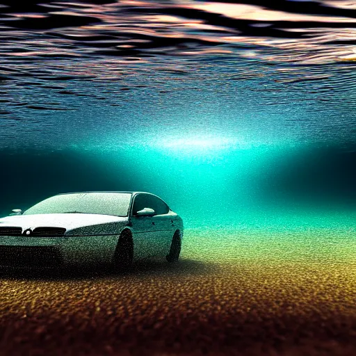Prompt: hyperrealistic photo of a car underwater, 4 k, 8 k, thin film, full shot