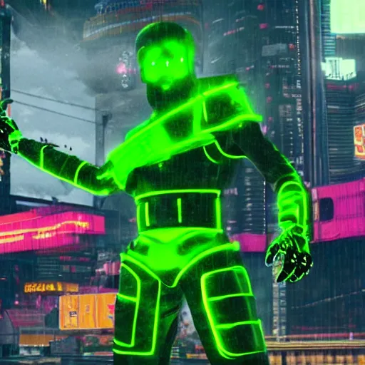 Image similar to cyberpunk super mario super realistic in neon green exoarmour in a cinematic composition