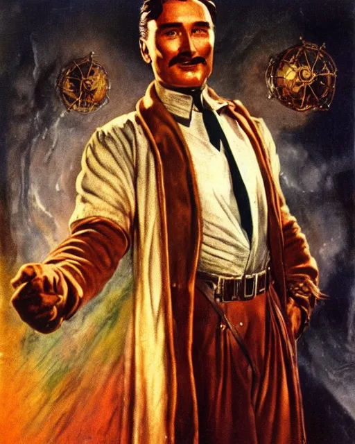 Image similar to Errol Flynn as a scientist. 1980s dystopian Soviet Russia, propaganda screens. Unreal engine, fantasy art by Adolph von Menzel. Faithfully depicted facial expression, perfect anatomy global illumination, radiant light, detailed and intricate environment