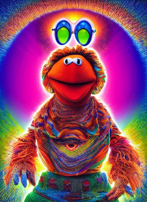 Image similar to muppet transcendence into collaborative intelligence, group intelligence, ai, by alex grey, album cover, award winning, beautiful, colorful, volumetric lighting, trending on artstation