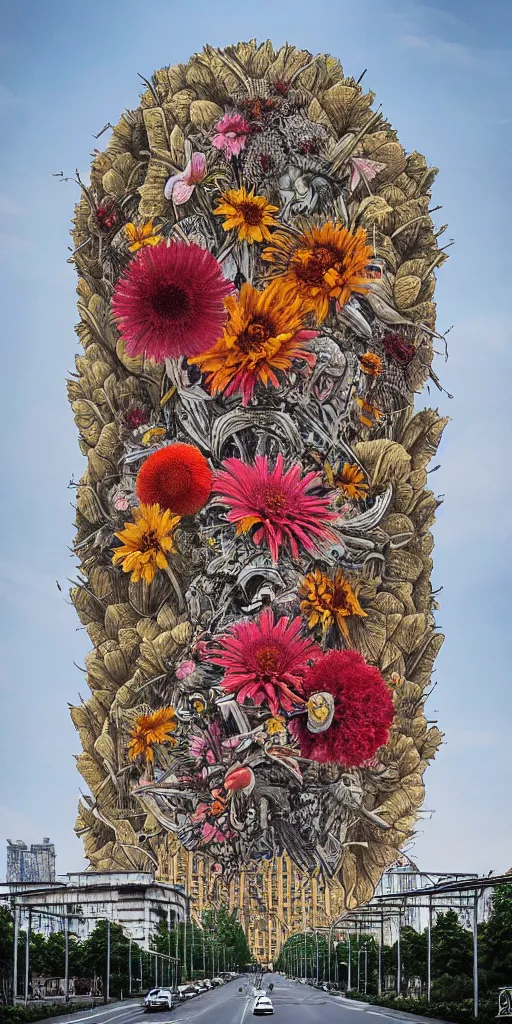 Image similar to colossal Beelzebub flower in the middle of post soviet constructivist cityscape, Stalinist architecture, brutalist architecture, ultradetailed, Intricate by James Jean and Giuseppe Arcimboldo