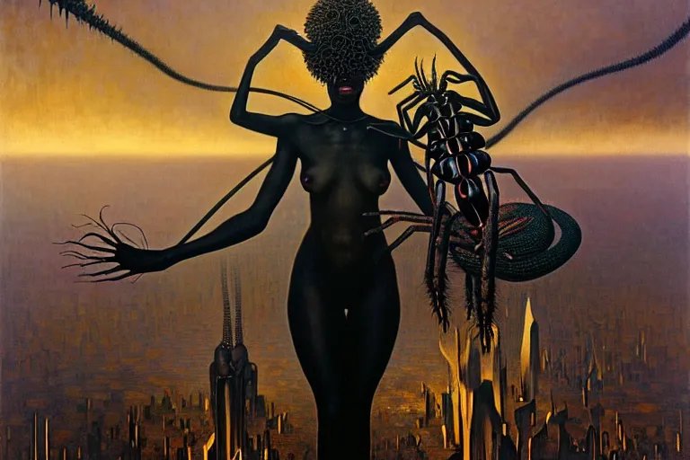 Prompt: realistic detailed photorealistic portrait movie shot of a beautiful black woman with a giant spider, dystopian city landscape background by jean delville, denis villeneuve, amano, yves tanguy, alphonse mucha, ernst haeckel, david lynch, edward robert hughes, roger dean, cyber necklace, rich moody colours, cyber patterns, wide angle