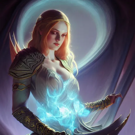 Image similar to female Planeswalker Magic the Gathering, dark fantasy, medium shot, intricate, elegant, highly detailed, digital painting, volumetric light, artstation, concept art, smooth, sharp focus, illustration, art by Gil Elvgren and Greg Rutkowski and Alphonse Mucha