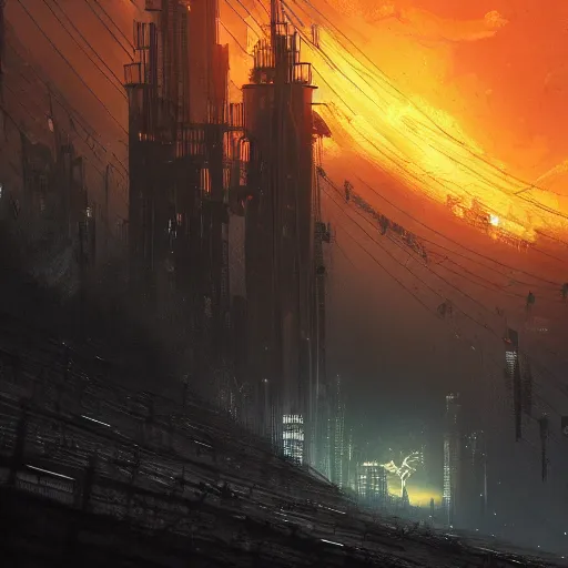 Image similar to a dark foreboding landscape where one single tree grows, amidst broken metal machines, with the sky on fire. Gustave Dore, ponyo and artrift, trending on artstation, cyberpunk, CGSociety, hyperealism, extremely detailed landscape art, 3d render, 4k hd, depth of field, super high def, IMAX.