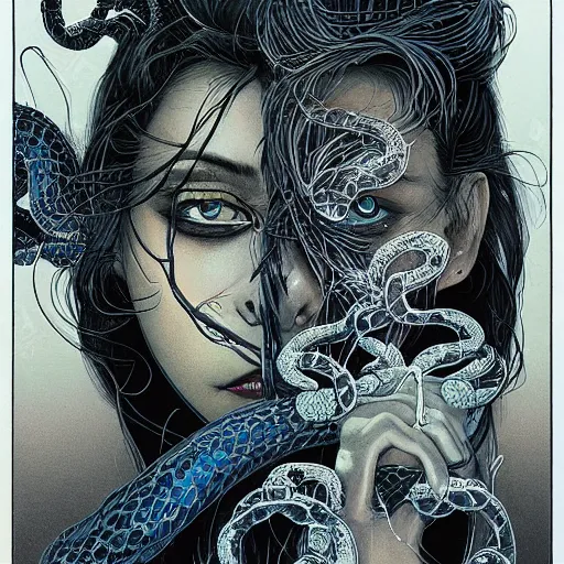 Image similar to x - ray portrait closeup of dark beautiful woman with snakes from her mouth, symmetrical, glitches, by yoichi hatakenaka, masamune shirow, josan gonzales and dan mumford, ayami kojima, takato yamamoto, barclay shaw, karol bak, yukito kishiro