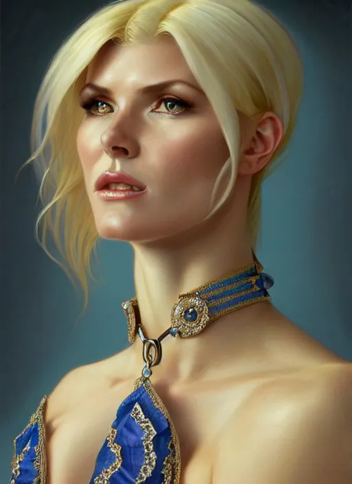 Image similar to portrait of victoria silvstedt as a lady, collar and leash, jewelry, greek, sapphire, intricate, headshot, highly detailed, digital painting, artstation, concept art, sharp focus, cinematic lighting, illustration, art by artgerm and greg rutkowski, alphonse mucha, cgsociety