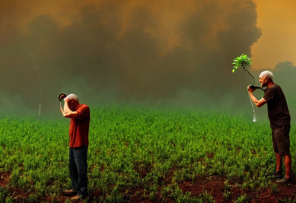 Image similar to a man watering the last plant on earth as the world burns, green leaves, apocalyptic background, smoke, doomsday art