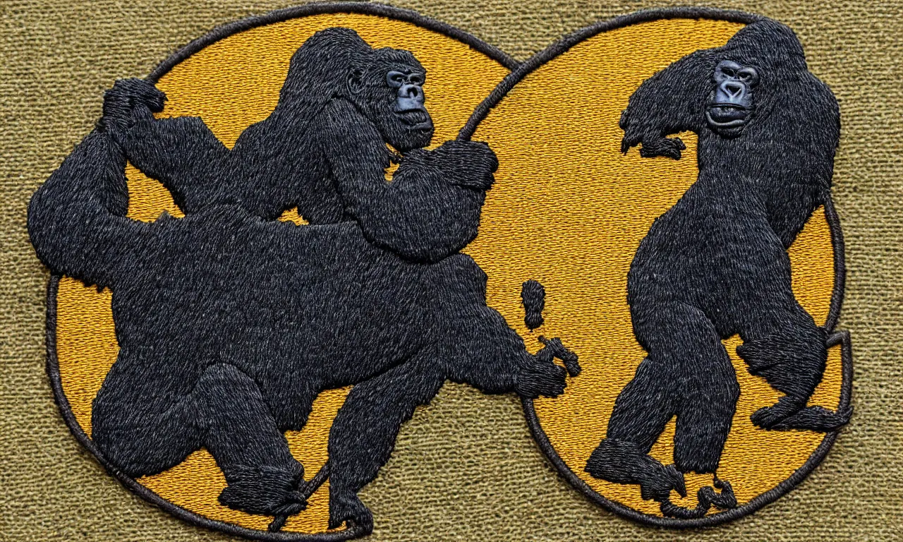 Prompt: a gorilla climbing a radio tower, wrestling with lighting bolts, round embroidered us corps patch 8 k /