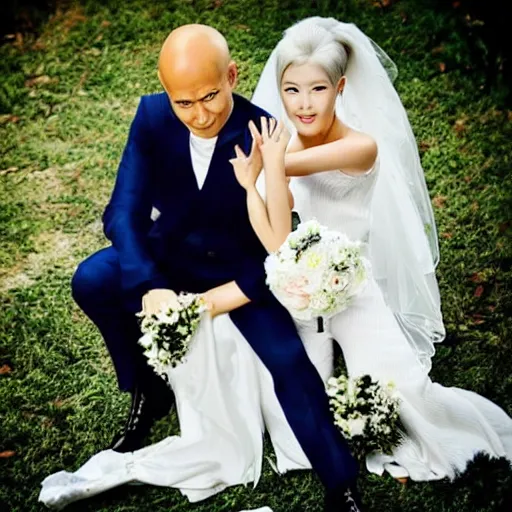 Image similar to saitama one punch man instagram couple's wedding photo shoot, closeup photo