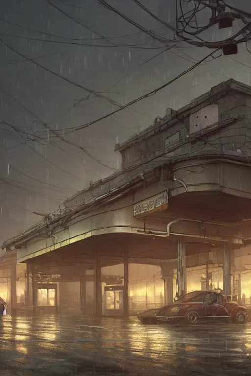 Image similar to a highly detailed matte painting of a soviet steampunk gas station in lightning storm and heavy rain by studio ghibli, makoto shinkai, by artgerm, by wlop, by greg rutkowski, volumetric lighting, octane render, 4 k resolution, trending on artstation, masterpiece