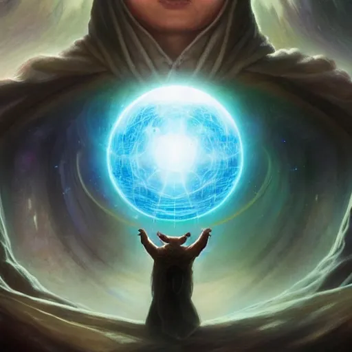 Image similar to the creator of worlds wearing a cloak and holding a holographic planet projection in his hand, detailed, sci - fi, digital painting, artstation, sharp focus, illustration, ominous, artgerm, tomasz alen kopera, peter mohrbacher, donato giancola, joseph christian leyendecker, wlop, frank frazetta