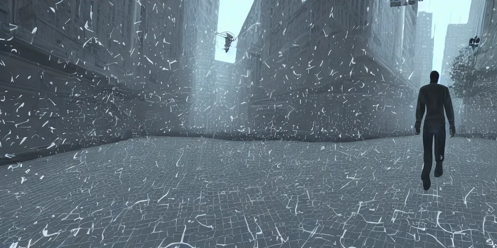 Image similar to PS1 game, third person, man walking through city, static white noise glitching in the sky