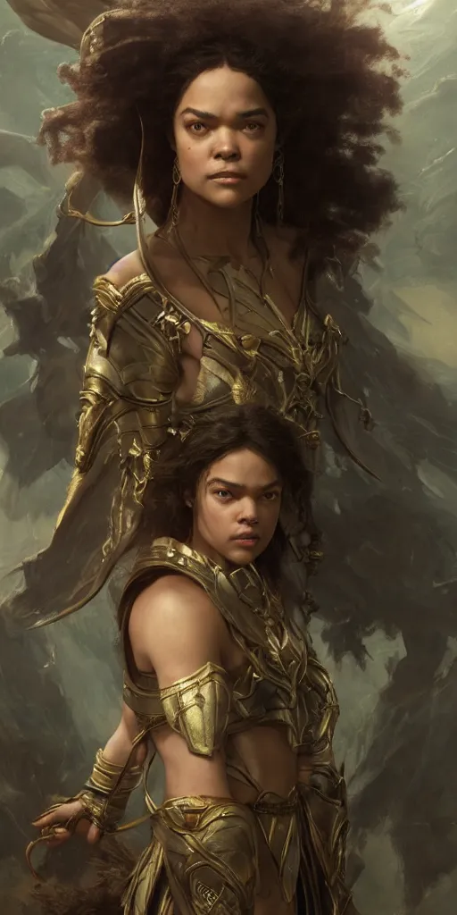 Prompt: tessa thompson, beautiful fantasy warrior princess, dungeons and dragons, masterpiece by edgar maxence and ross tran and michael whelan, gustav dore, 8 k, octane render