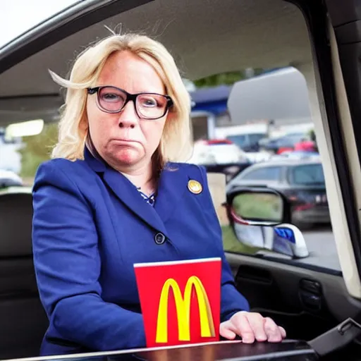 Image similar to angry liz cheney working at a mcdonald's drive - thru