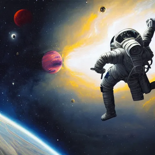 Image similar to detailed rococo painting of a black astronaut spacewalking, planets behind, nebulas, dynamic lighting, 8 k, star wars, art by greg rutkowski, kehinde wiley