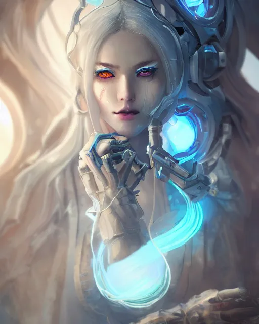 Prompt: holy cyborg necromancer girl, elegant, scifi, futuristic, utopia, garden, illustration, atmosphere, top lighting, blue eyes, white hair, beautiful, artstation, highly detailed, art by yuhong ding and chengwei pan and serafleur and ina wong