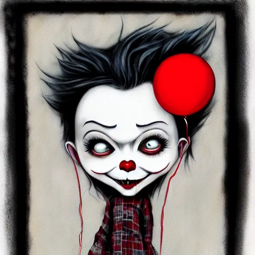 Prompt: grunge cartoon painting of billie eilish with a wide smile and a red balloon by chris leib, loony toons style, pennywise style, corpse bride style, horror theme, detailed, elegant, intricate