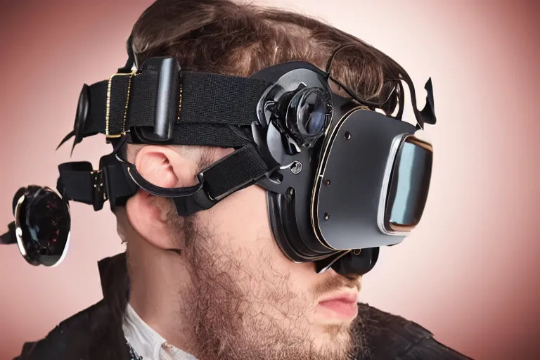 Image similar to a high quality product photography photoshoot of steampunk virtual reality goggles