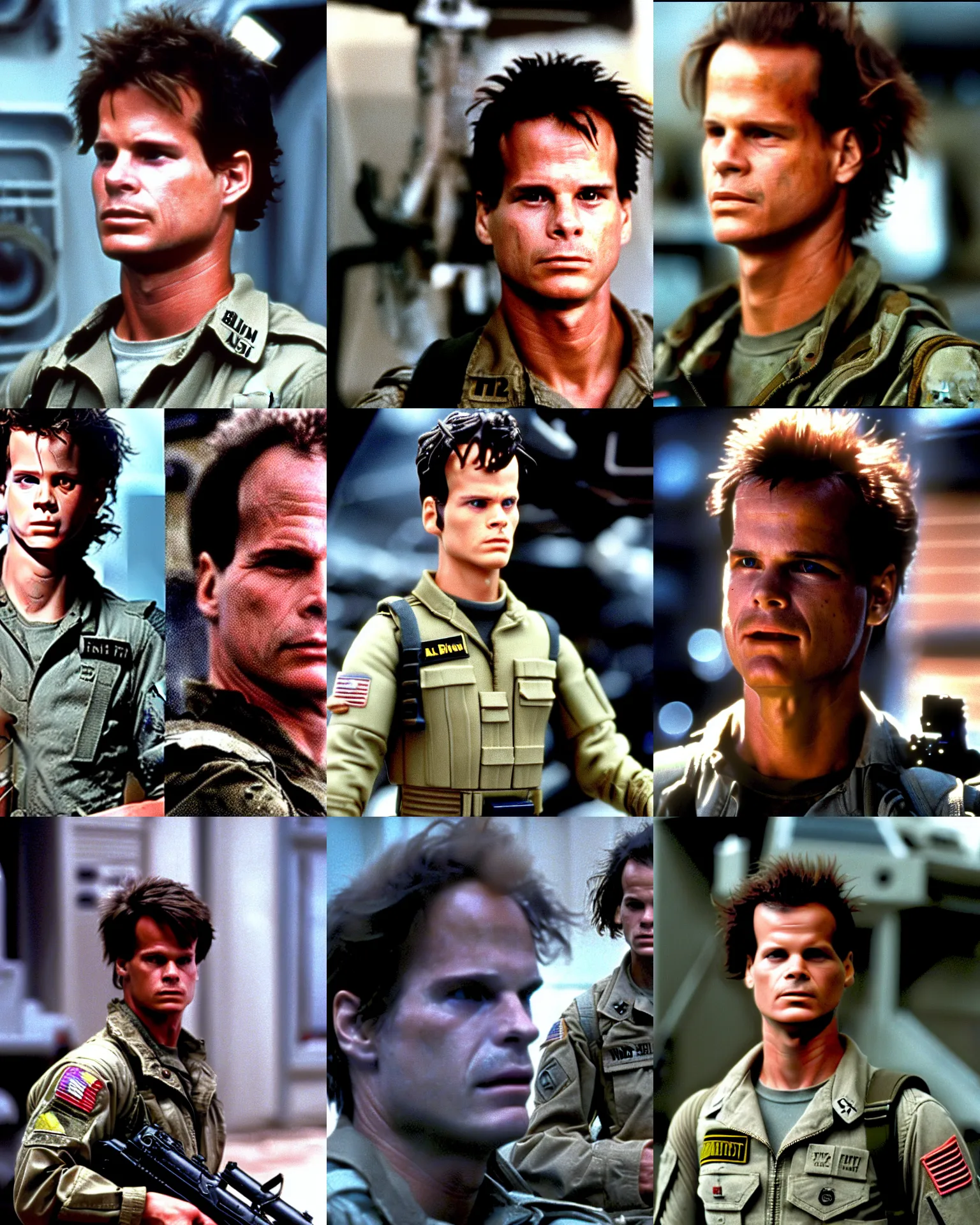 Prompt: private first class william l. hudson ( bill paxton 2 5 years old ) in the film aliens 1 9 8 6, atmosphere processor, fires, flat top haircut,, action figure
