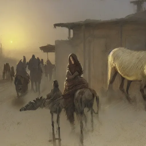 Prompt: pastel on canvas of Mary and Joseph being turned away from an inn at night, pack animals in the background, crowded city streets, ancient setting, looming desert walls, by Jeremy Mann, earthy tones, serious, anxiety, realistic, stylized, detailed, loose brush strokes