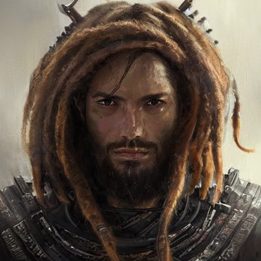 Image similar to Portrait of a man by Greg Rutkowski, a young, strong and hard-eyed warrior with brown hair with dreadlocks, wearing a futuristic tactical gear that looks like a mix between the samurai, viking and templar aesthetics, mix between tribal and hi-tech, highly detailed portrait, scifi, MMORPG, digital painting, artstation, concept art, smooth, sharp foccus ilustration, Artstation HQ