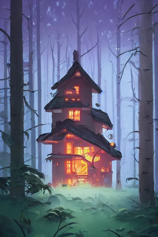 Prompt: the small elevated house in the forest, dark night, leaves in the air, mushrooms, animals, gibli, james gilleard, atey ghailan, lois van baarle, jesper ejsing, pop art patterns, exquisite lighting, clear focus, very coherent, plain background, very detailed, contrast, vibrant, digital painting