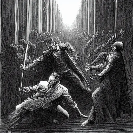 Image similar to A scene from the Matrix as drawn by Gustave Doré with Neo fighting a thousand agents Smith