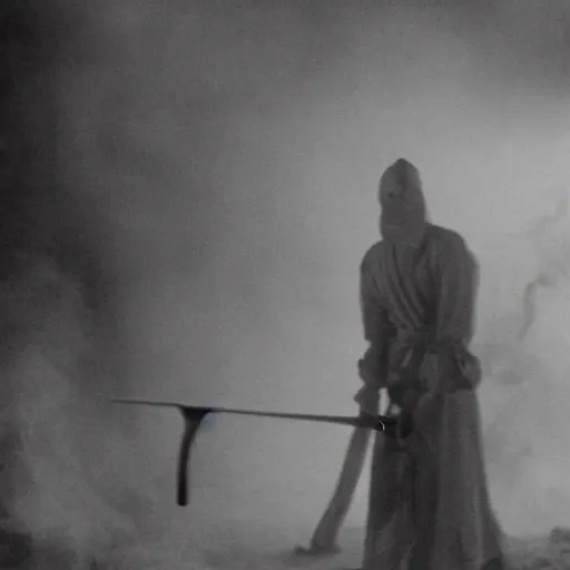 Prompt: a film still of men wearing layered linen of many colors, holding swords, standing in a hazy room with a fire and smoke, dark, moody, very creepy atmosphere, film grain, spider webs, organic matter, bones —width 1024 —height 512 —steps 100