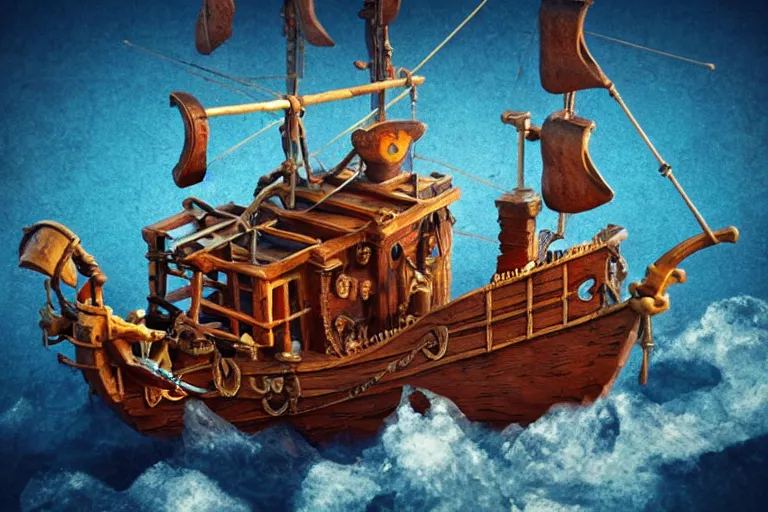 Image similar to epic pirate ship, in the style of vernon grant and chris van allsburg, trending on artstation, bright tilt - shift camcorder effect, photoshop, retrowave, hyperrealism, bauhaus