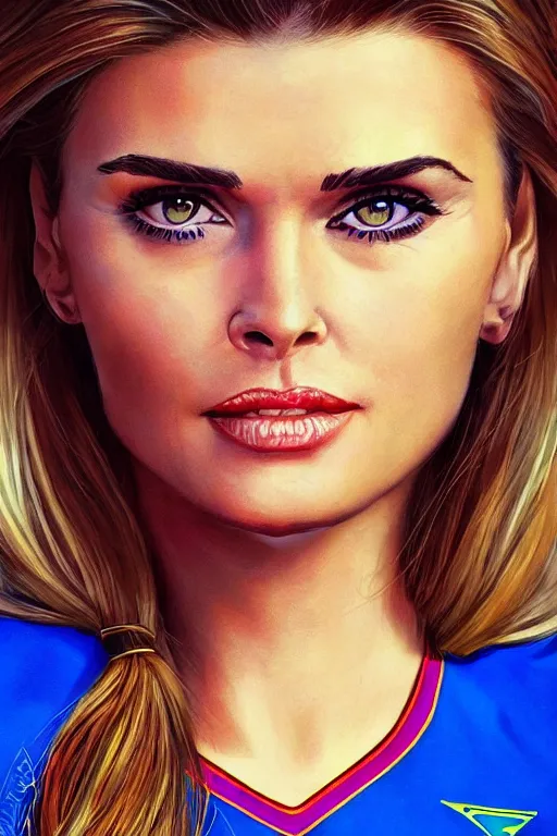 Image similar to portrait of a mix of beautiful young maria shriver, mariel hemmingway, brooke shields and elle macpherson as supergirl, thin lips, hair tied up in a pony tail, colorful artstation, cgsociety