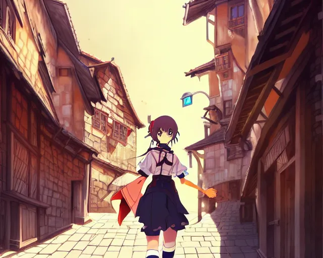 Image similar to anime visual, portrait of a young female walking through a busy medieval village, yoshinari yoh, dynamic pose, dynamic perspective, detailed silhouette, cel shaded anime