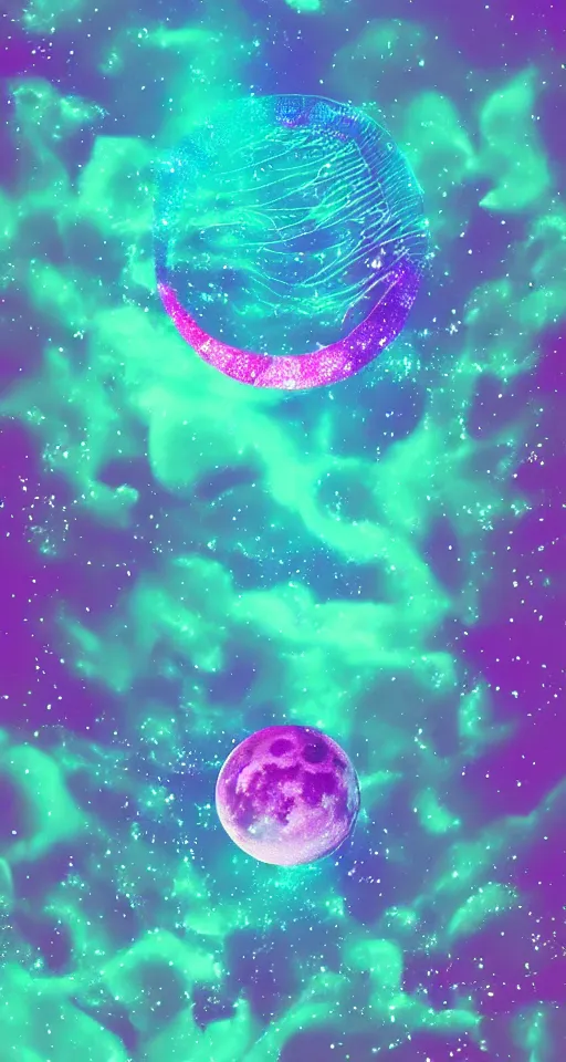 Image similar to the moon turning into a majestic jellyfish made out of the cosmos, drifting through a vaporwave ocean, vaporwave style, iphone wallpaper, digital art