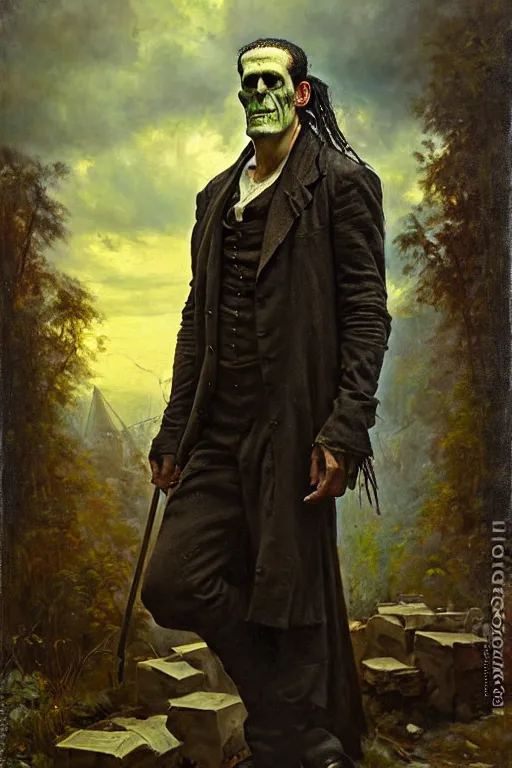 Prompt: photograph imax and solomon joseph solomon and richard schmid and jeremy lipking victorian loose genre loose painting full length portrait painting of frankenstein