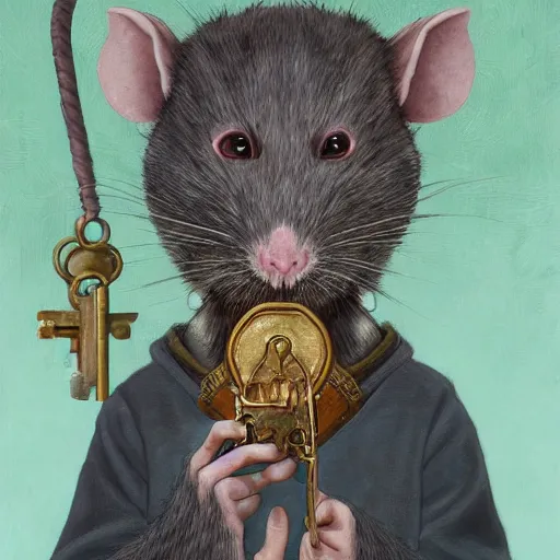 Prompt: a detailed portrait of a rat guardian holding a key, by victo ngai and greg rutkowaki, digital art, realistic painting, very detailed, fantasy, high definition, character design, dnd, trending on artstation