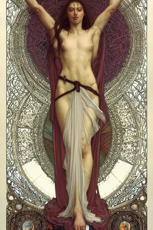 Image similar to a full body portrait of a beautiful ethereal delicate celtic mage queen meditative sacral pose catholic stages of the cross, intricate, elegant, highly detailed, digital painting, artstation, concept art, smooth, sharp focus, illustration, art by krenz cushart and artem demura and alphonse mucha