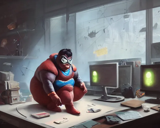 Image similar to an insanely detailed painting of a slightly chubby, nerdy asian man wearing a superhero costume and mask, sitting at a desk, staring at the nervously at the computer and typing, in the style of peter mohrbacher, dramatic lighting and composition, octane render, trending on artstation, concept art, comic book, view from behind