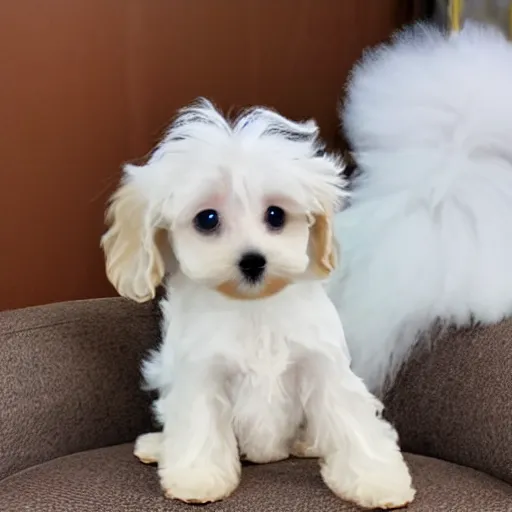 Prompt: a white yorkie poodle mix dog