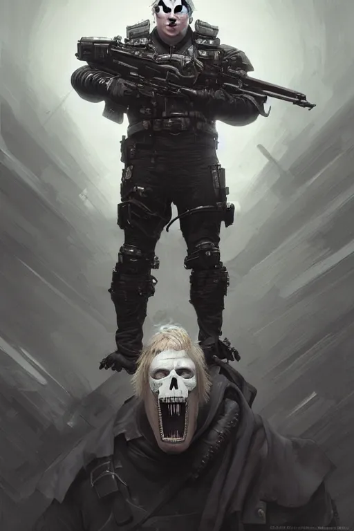 Prompt: boris johnson as punisher, armor plate, realistic portrait, symmetrical, highly detailed, digital painting, artstation, concept art, smooth, sharp focus, illustration, cinematic lighting, art by artgerm and greg rutkowski and alphonse mucha